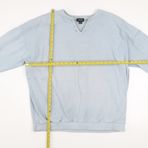boohooMAN Men's Blue V-Neck Graphic Sweatshirt Size L Relaxed Fit