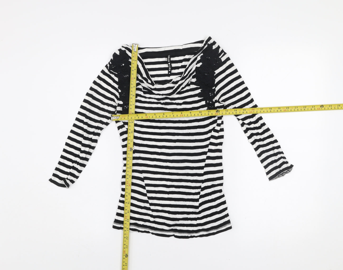 Karen Millen Women’s Black White Striped Cowl Neck Long Sleeve T-Shirt Size 8