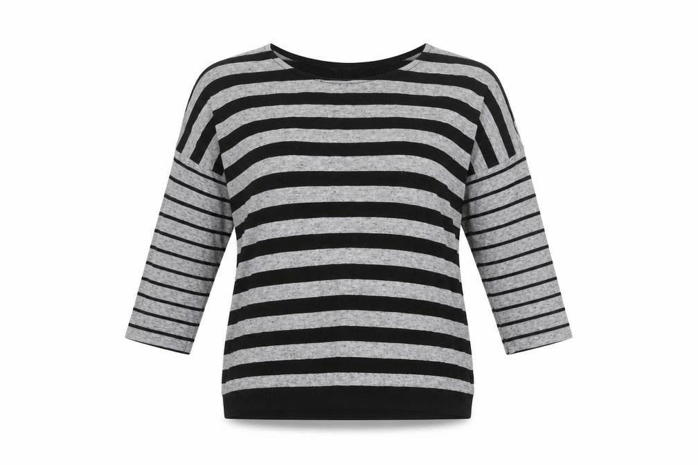 Front view of Dunnes Women’s Grey Black Striped 3/4 Sleeve jumper, size UK 8