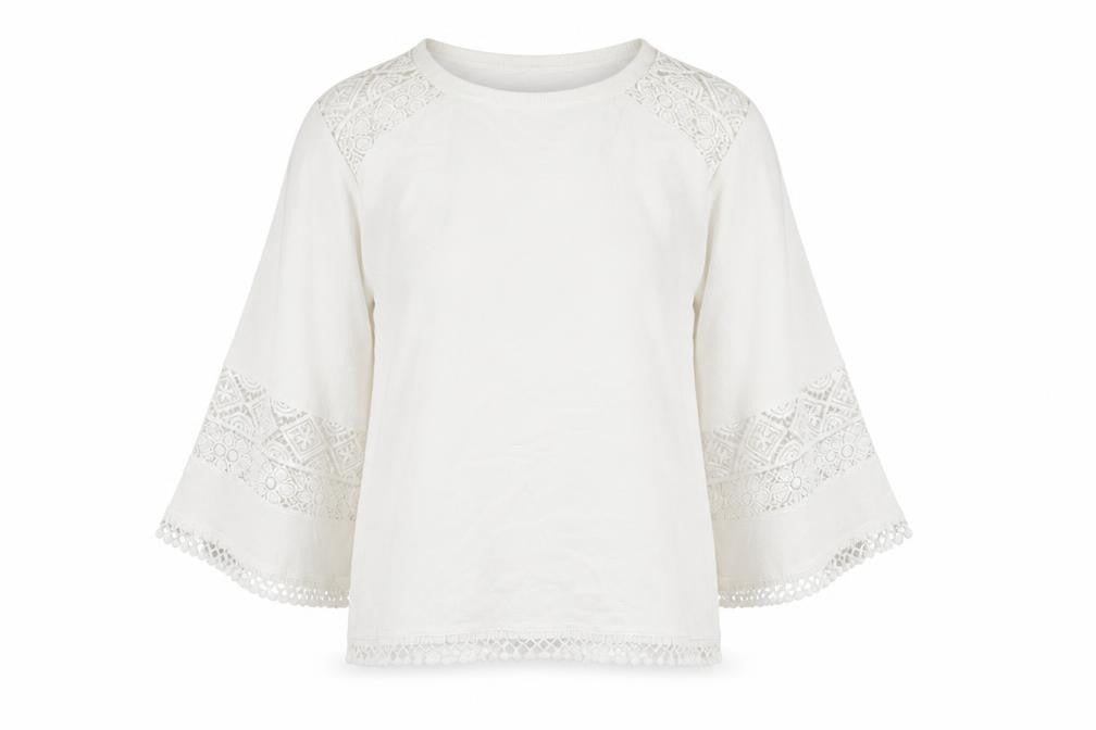 Front view of Dunnes Women White Lace Bell Sleeve jumper, size 10