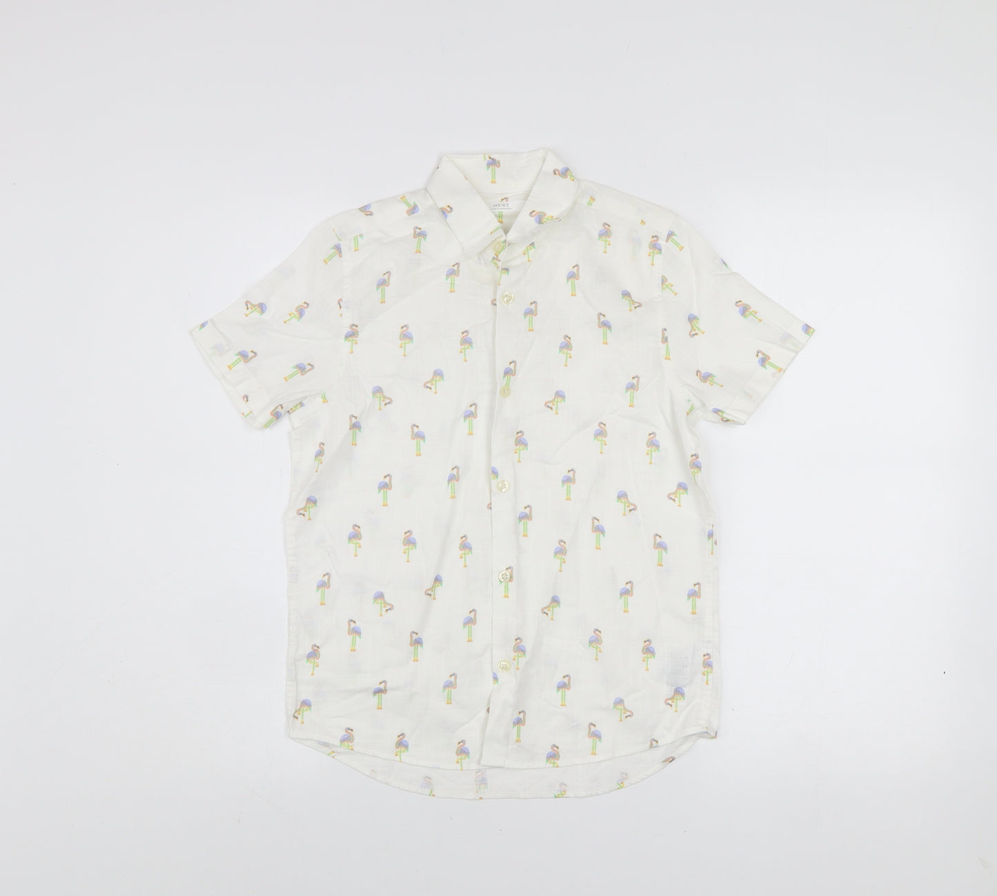 Next Boys White Flamingo Print Short Sleeve Button-Up Shirt 10 Years