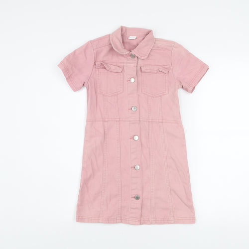 Next Girls Pink Cotton Denim Shirt Dress 9 Years Short Sleeve Button Front