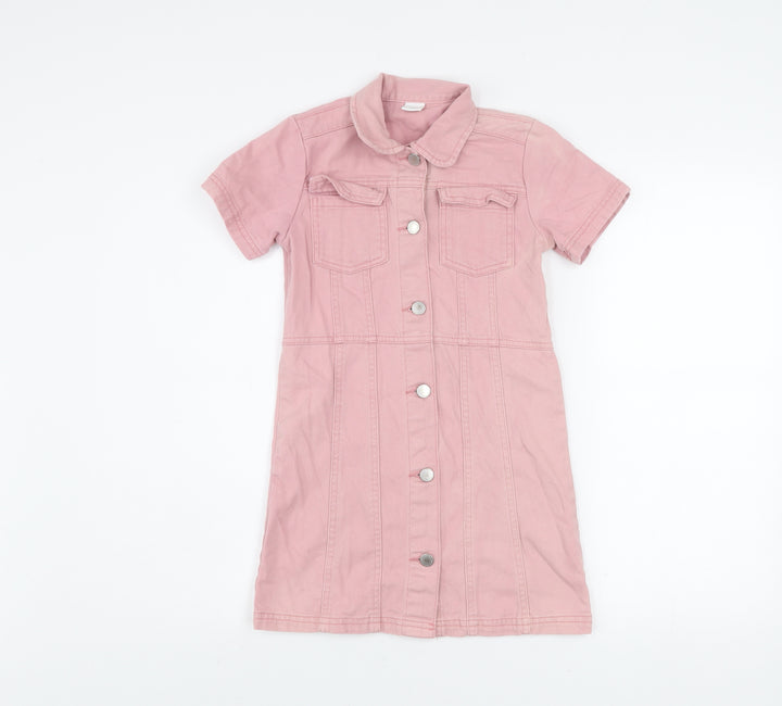 Next Girls Pink Cotton Denim Shirt Dress 9 Years Short Sleeve Button Front
