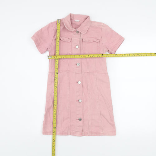 Next Girls Pink Cotton Denim Shirt Dress 9 Years Short Sleeve Button Front