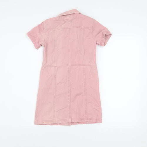 Next Girls Pink Cotton Denim Shirt Dress 9 Years Short Sleeve Button Front