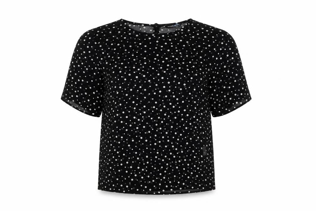 Front view of Blue Chameleon Women's Black Polka Dot Short Sleeve Blouse XS