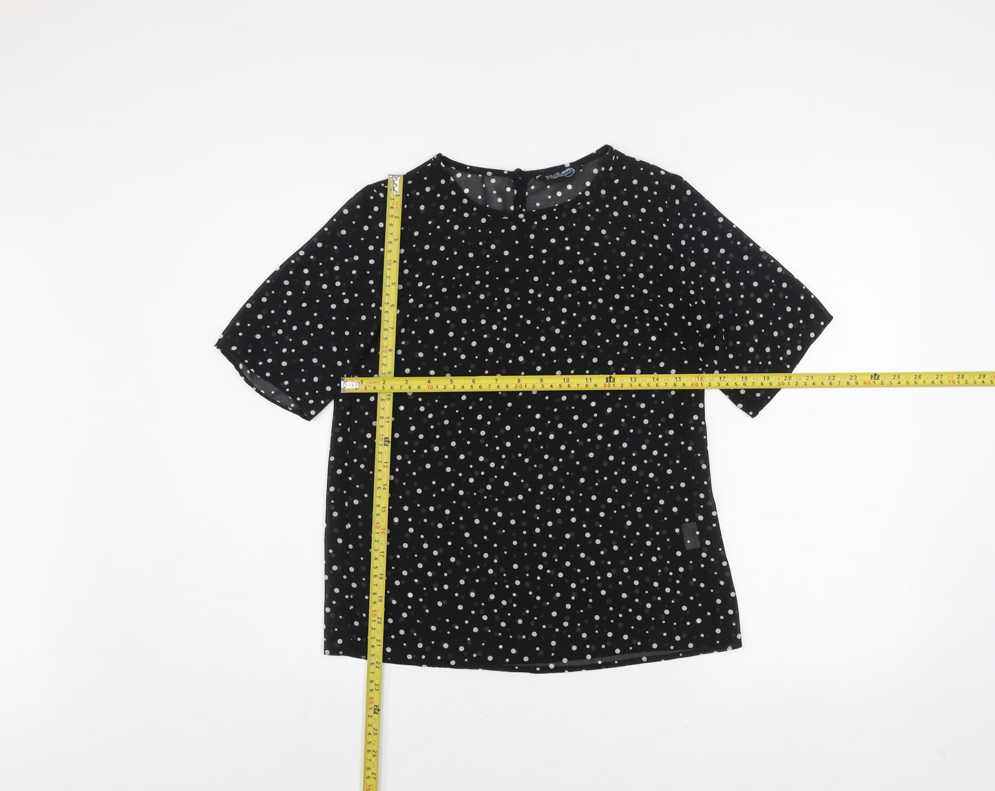 Blue Chameleon Women's Black Polka Dot Short Sleeve Blouse XS