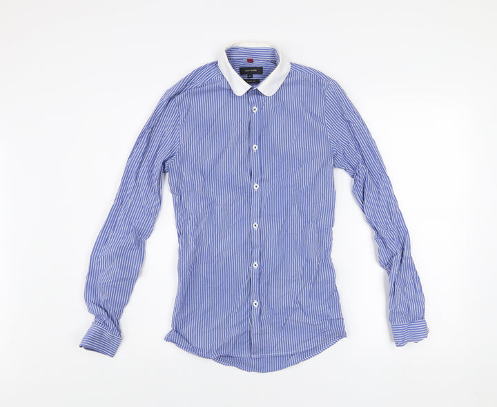 River Island Men's Blue Striped Skinny Fit Long Sleeve Button-Up Shirt XS