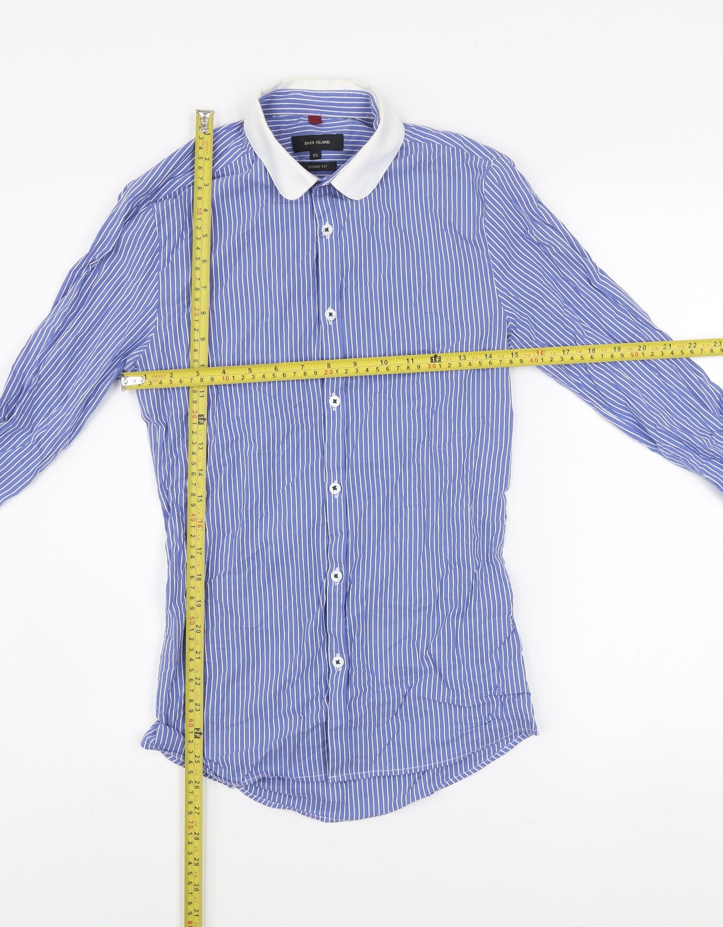 River Island Men's Blue Striped Skinny Fit Long Sleeve Button-Up Shirt XS