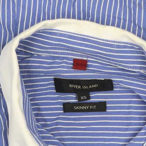 River Island Men's Blue Striped Skinny Fit Long Sleeve Button-Up Shirt XS