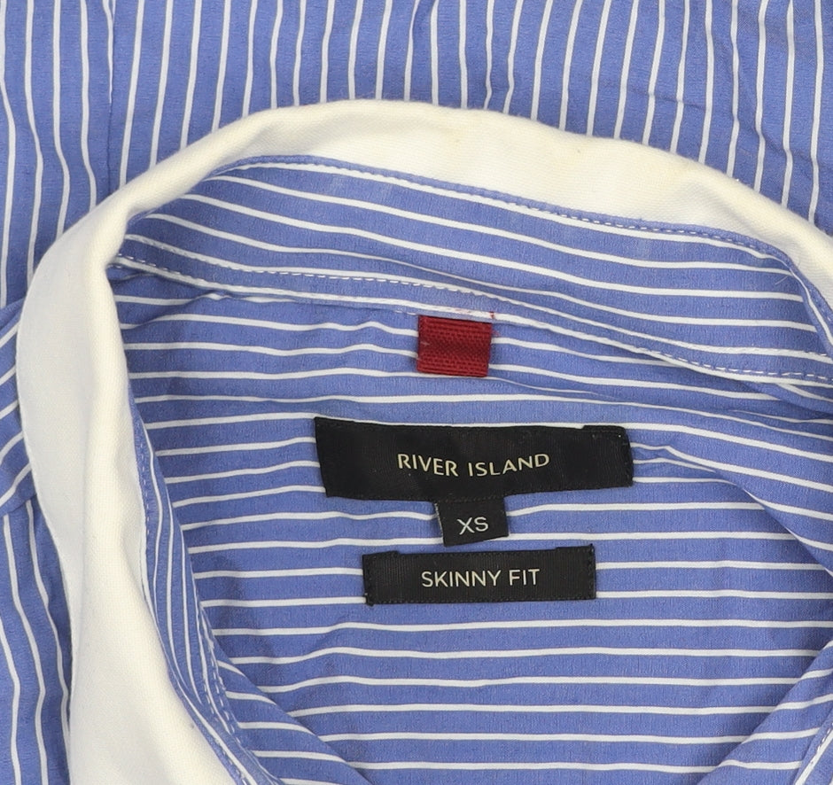 River Island Men's Blue Striped Skinny Fit Long Sleeve Button-Up Shirt XS