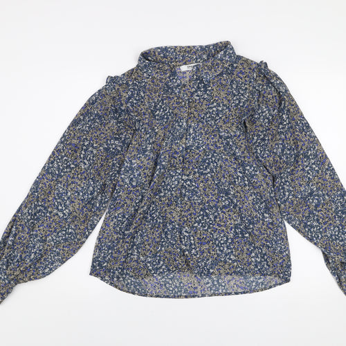 ONLY Women's Blue Floral Ruffle Blouse M Long Sleeve Tunic Style