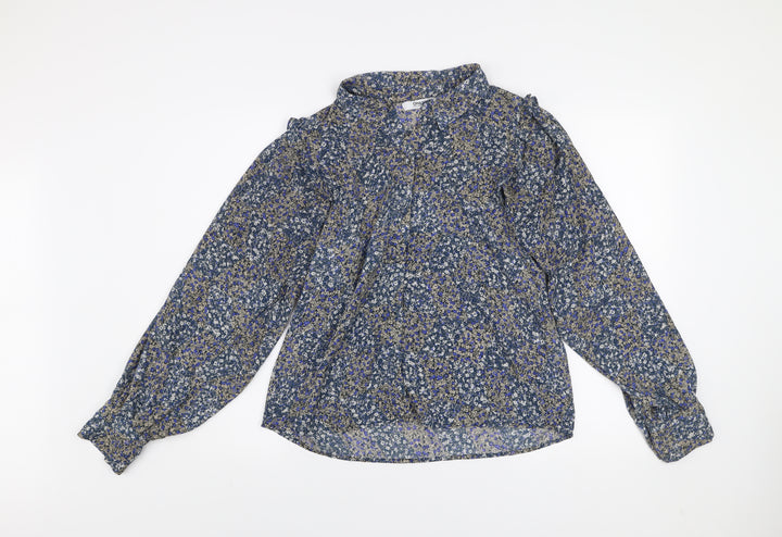 ONLY Women's Blue Floral Ruffle Blouse M Long Sleeve Tunic Style