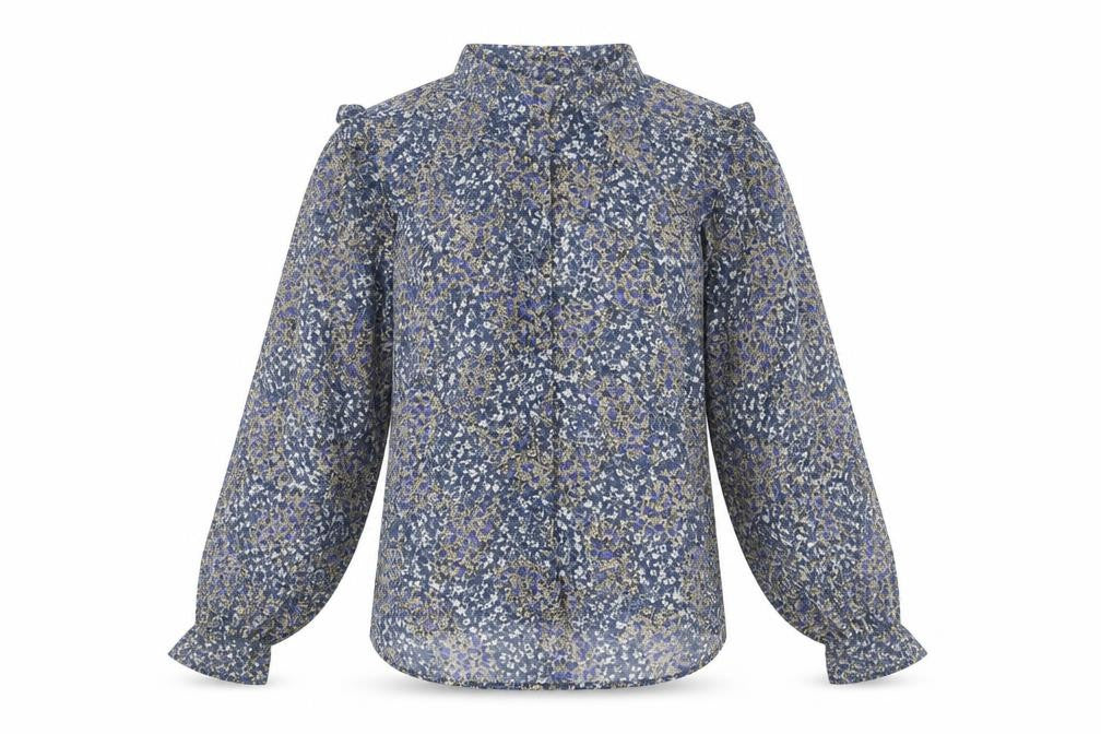Front view of Only Women's Blue Floral Ruffle Blouse M Long Sleeve Tunic Style