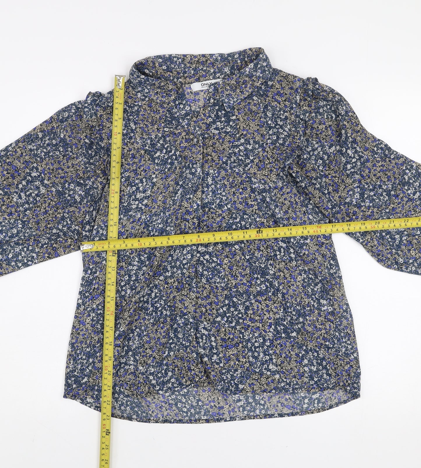 ONLY Women's Blue Floral Ruffle Blouse M Long Sleeve Tunic Style