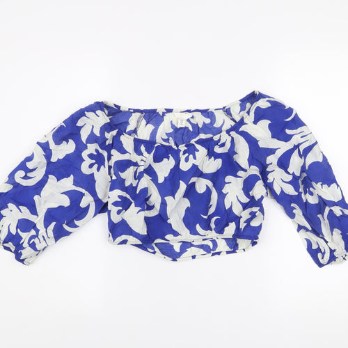 H&M Women's Blue Floral Off Shoulder Cropped Blouse Size 12