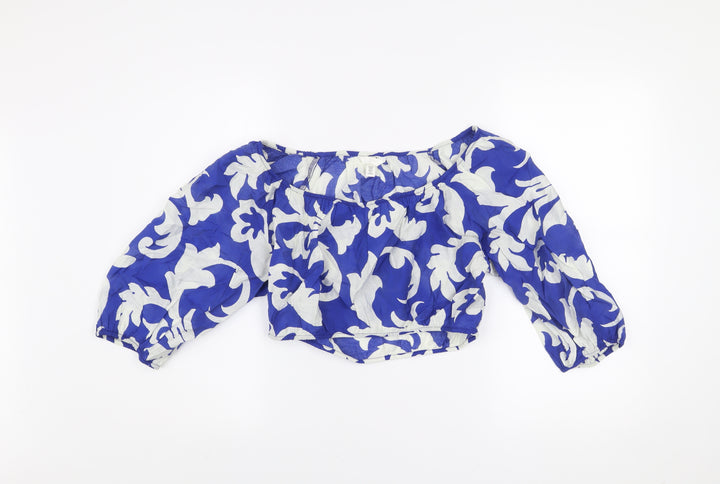 H&M Women's Blue Floral Off Shoulder Cropped Blouse Size 12