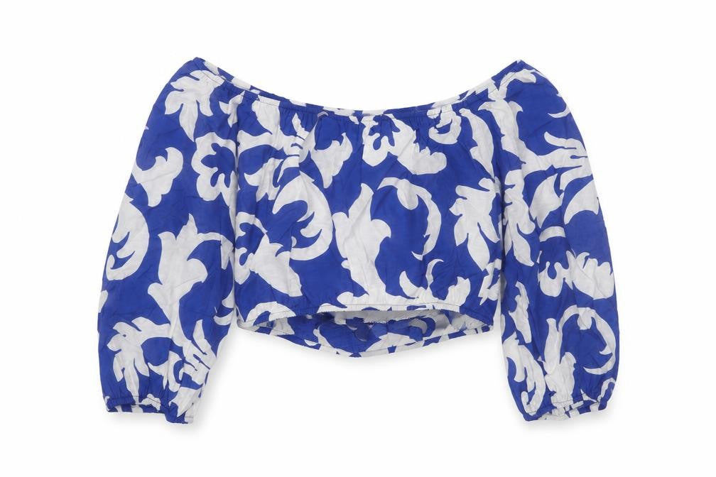 Front view of H&M Women's Blue Floral Off Shoulder Cropped Blouse, size 12