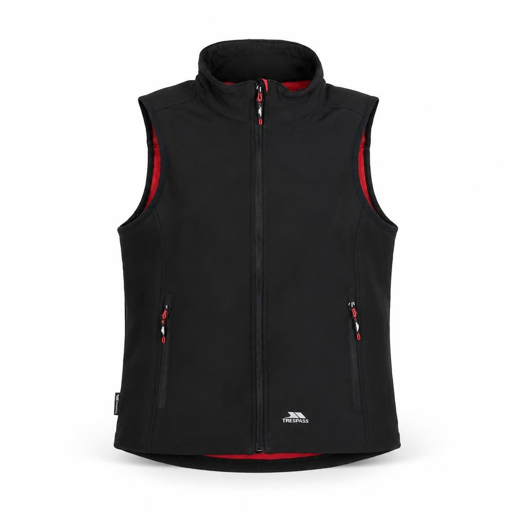 Front view of Trespass Women's Black XS Softshell Waistcoat Wind Resistant