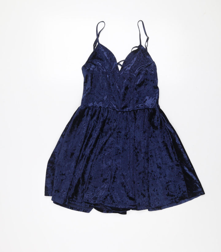 Primark Women's Blue Velvet V-Neck Playsuit Size 10