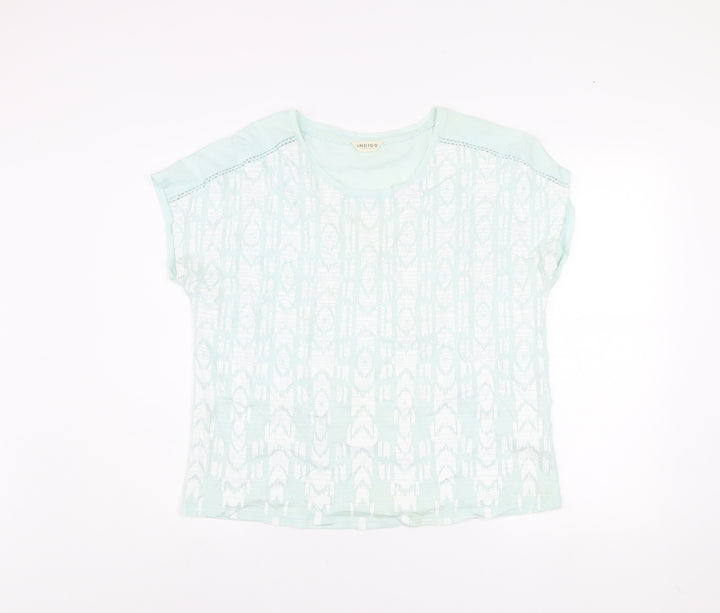 Marks and Spencer Women’s Light Green Geometric Short Sleeve Cotton T-Shirt UK 14