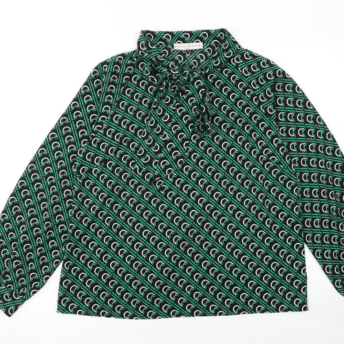 Rowen Avenue Womens Green Geometric Bow Neck Long Sleeve Blouse M