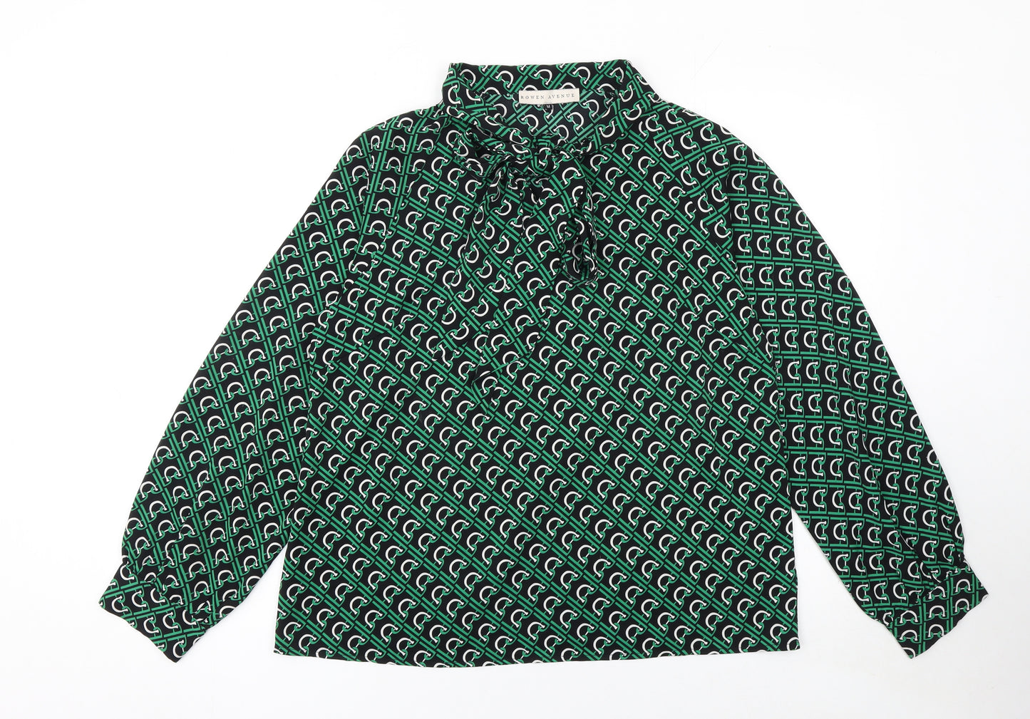 Rowen Avenue Womens Green Geometric Bow Neck Long Sleeve Blouse M