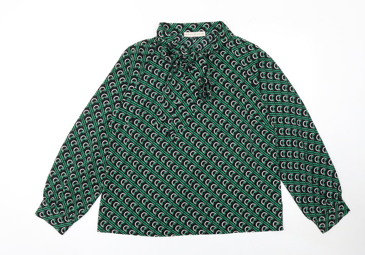 Rowen Avenue Womens Green Geometric Bow Neck Long Sleeve Blouse M