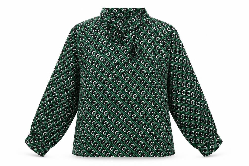 Rowen Avenue Womens Green Geometric Bow Neck Long Sleeve Blouse M