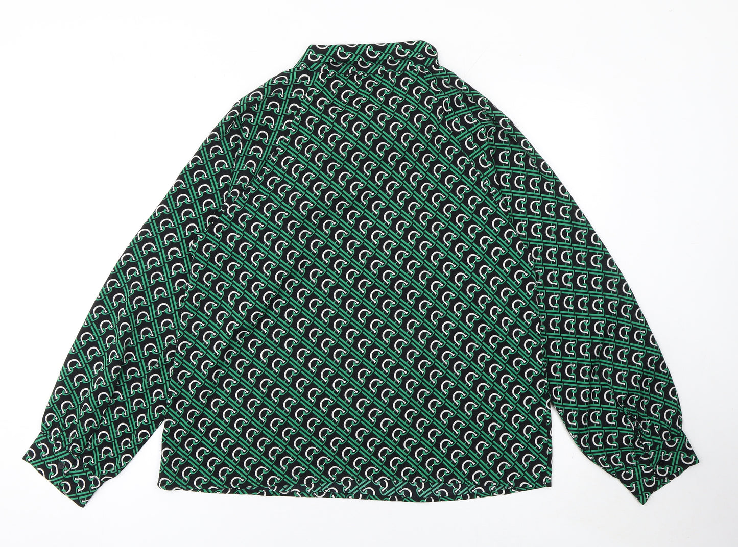 Rowen Avenue Womens Green Geometric Bow Neck Long Sleeve Blouse M