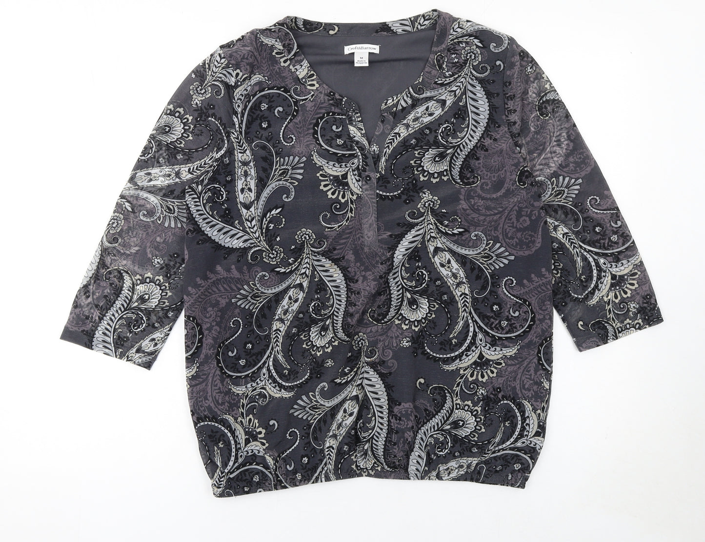 Croft & Barrow Women’s Grey Paisley Beaded 3/4 Sleeve Tunic Blouse Size M
