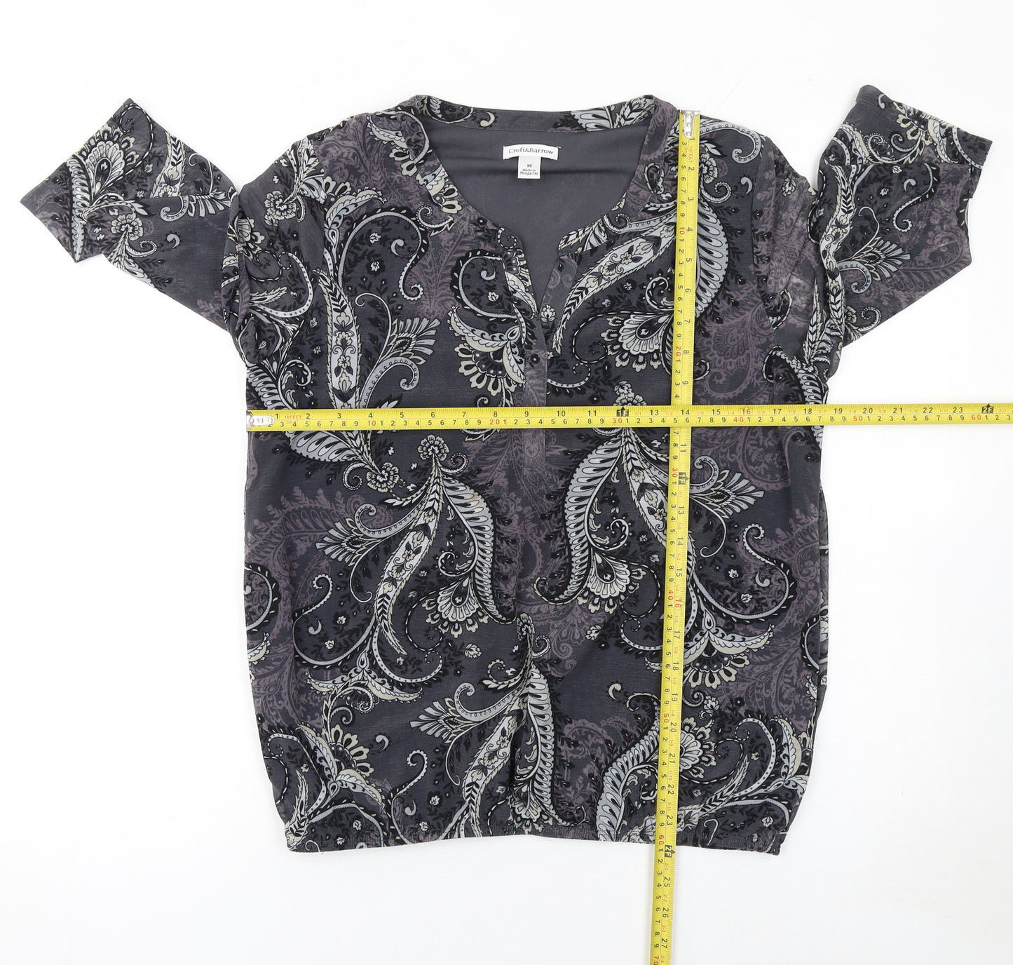 Croft & Barrow Women’s Grey Paisley Beaded 3/4 Sleeve Tunic Blouse Size M