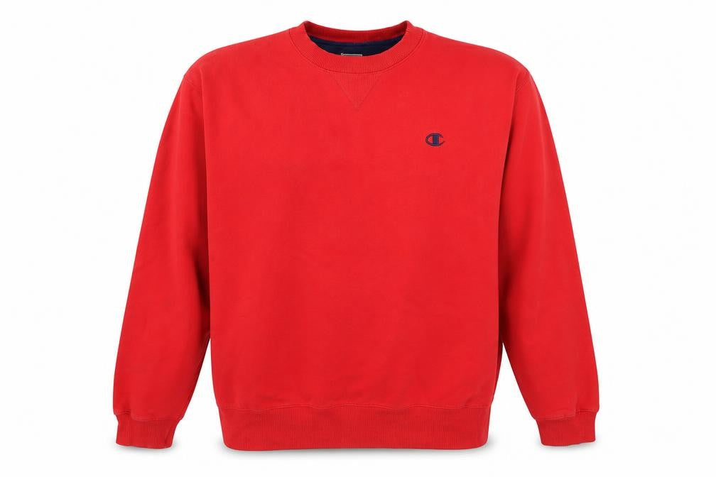Front view of Champion Men's Red Pullover Crew Neck Sweatshirt, size L