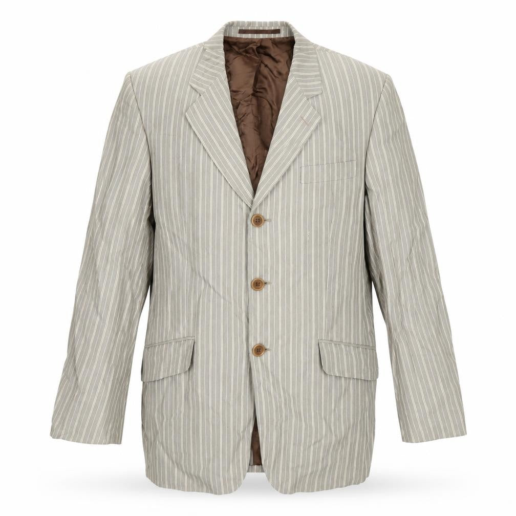 Front view of Obvious Men's Beige Striped Wool Blend Blazer Jacket, size 50, Reg