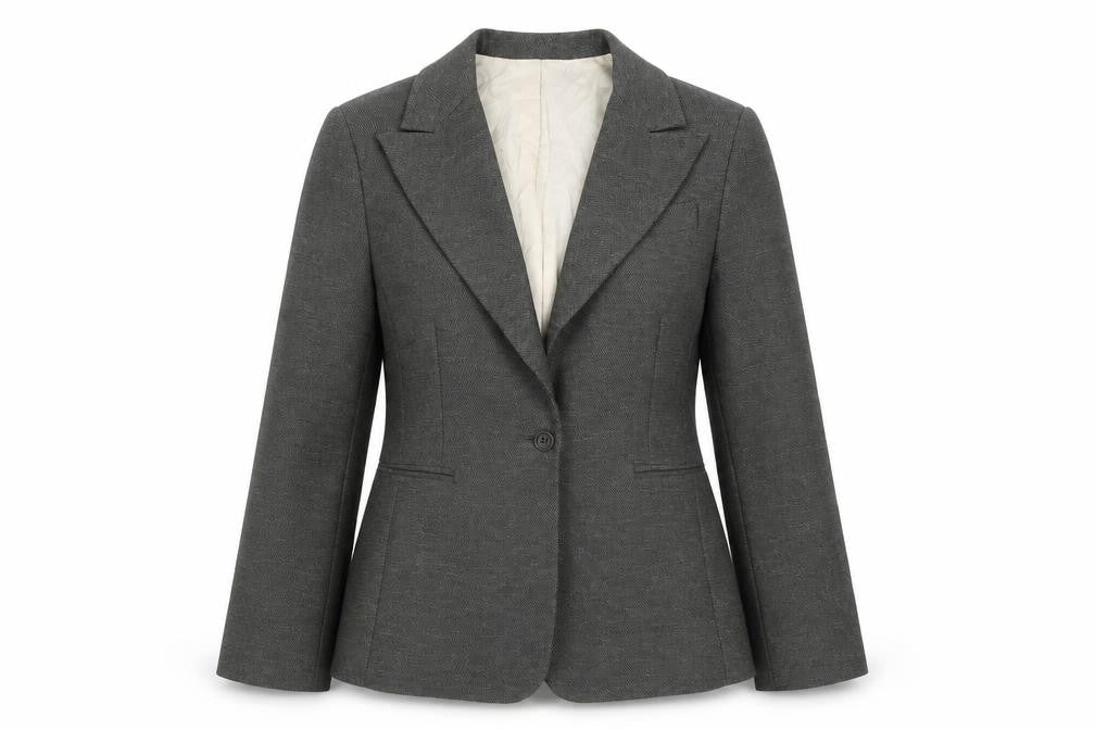 Front view of Mango Women Grey, size 8, Classic Single-Breasted Blazer Jacket