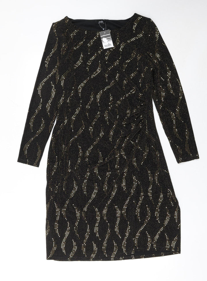 Wallis Womens Black Gold Glitter Bodycon Dress Size 12 Party Cocktail