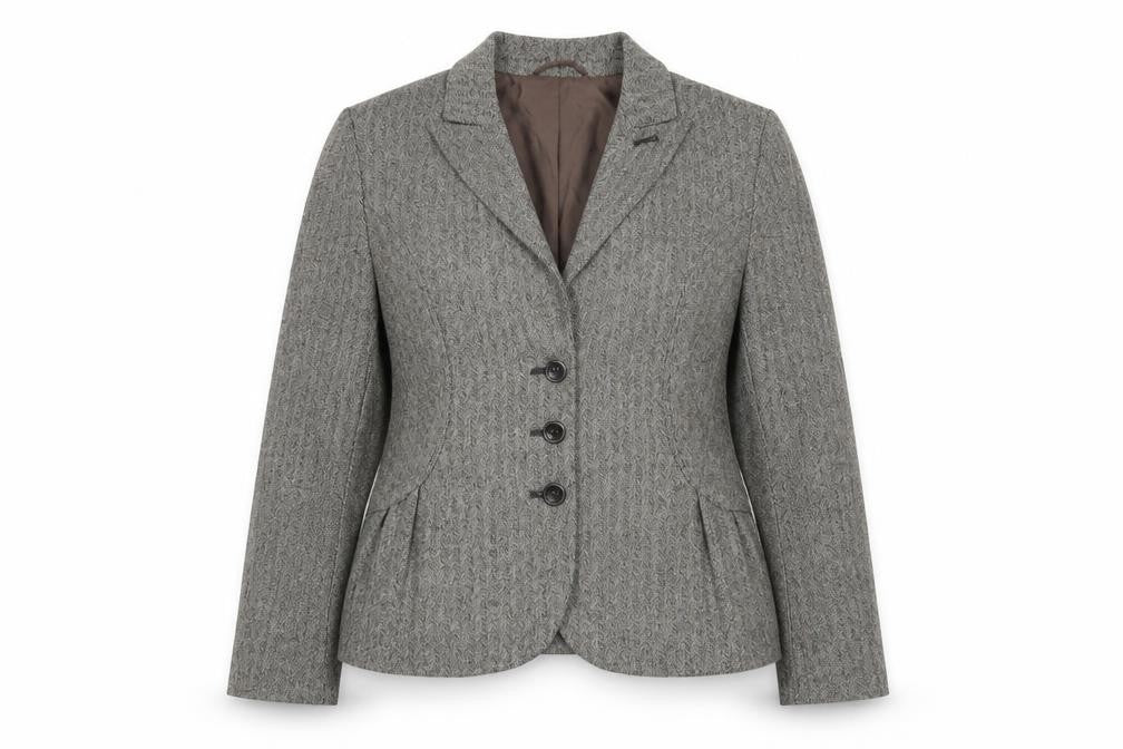 Front view of Olsen women’s grey tweed classic single-breasted blazer, size UK 14