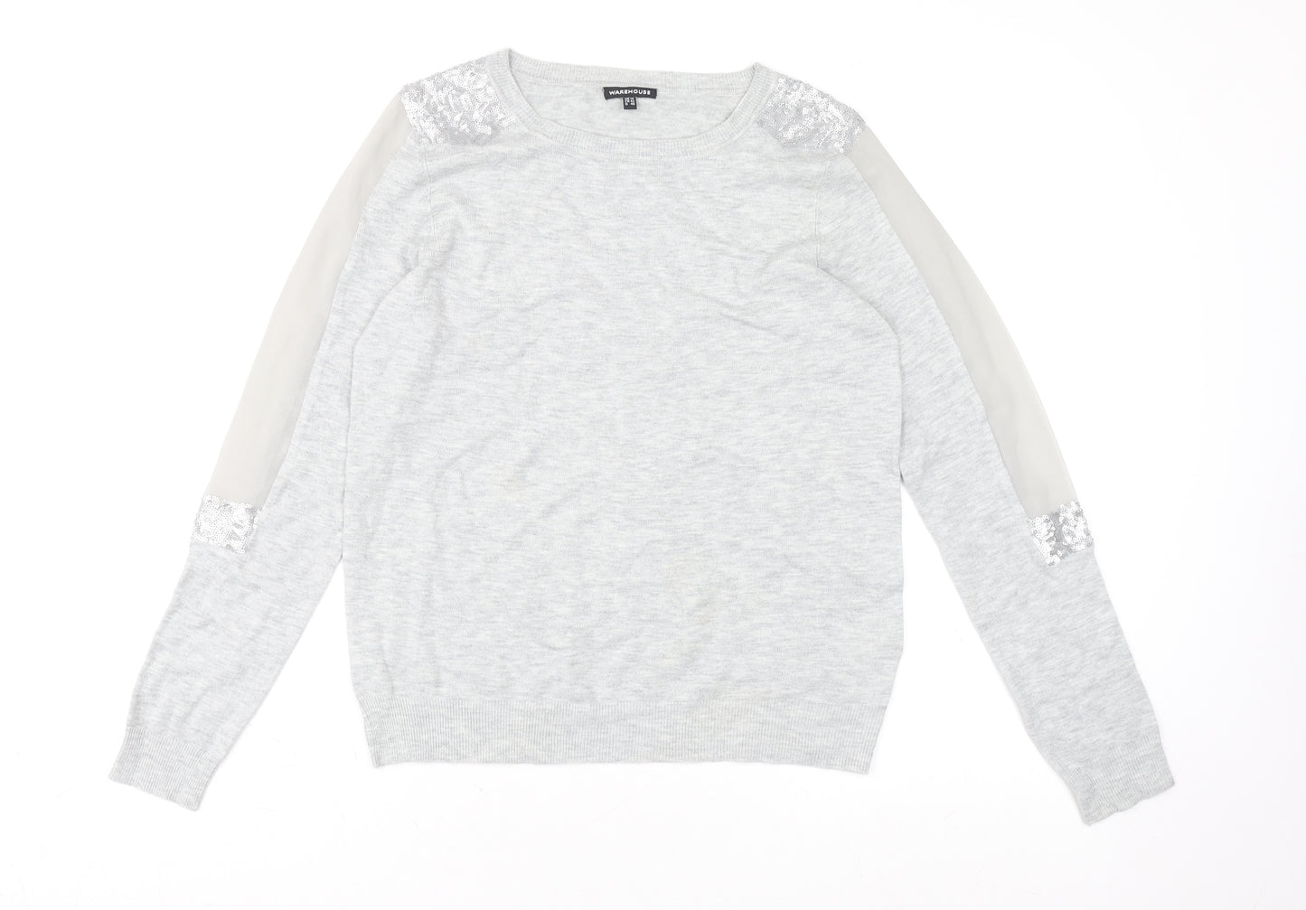 Warehouse Women’s Grey Sequin Shoulder Long Sleeve Jersey Top UK 14