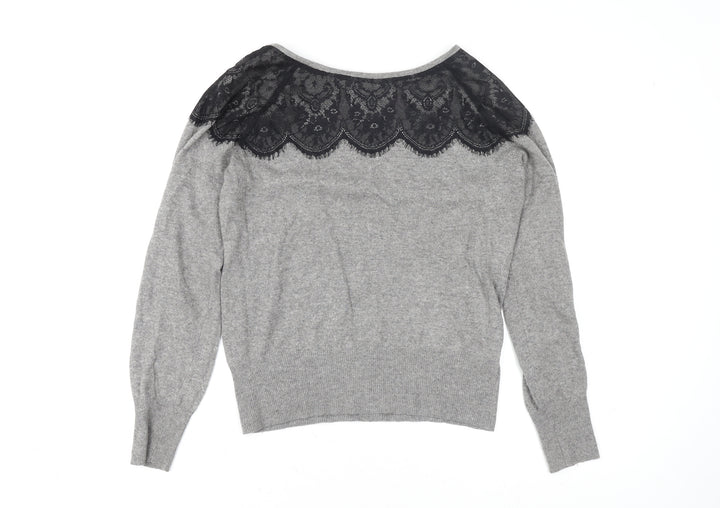 Oasis Womens Grey Lace Boat Neck Knit Blouse Size L