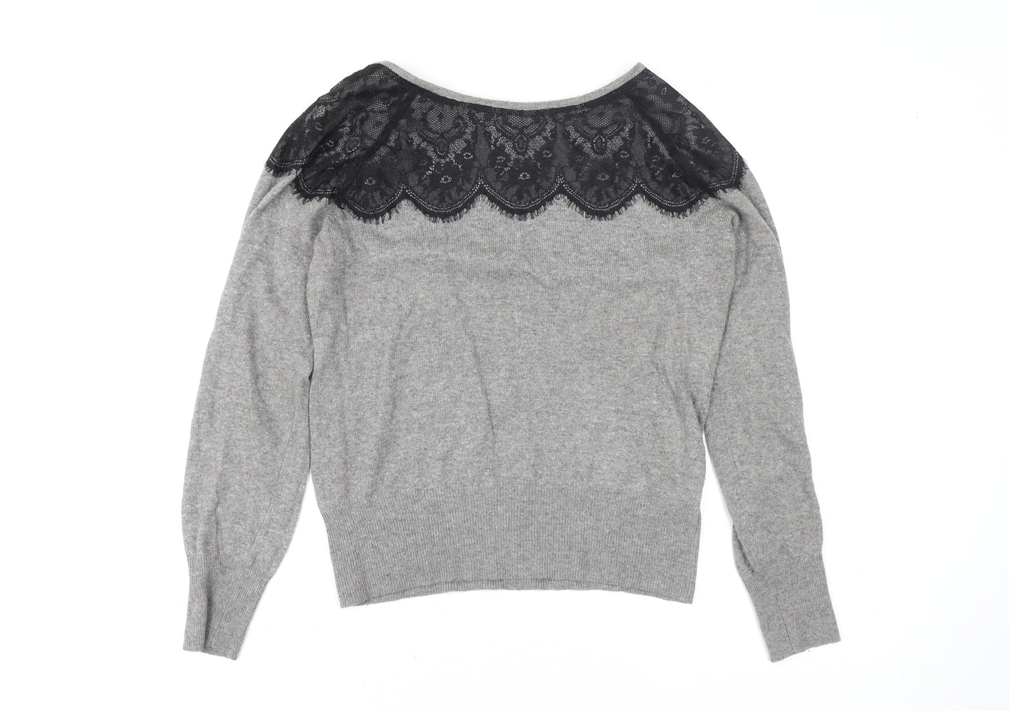 Oasis Womens Grey Lace Boat Neck Knit Blouse Size L