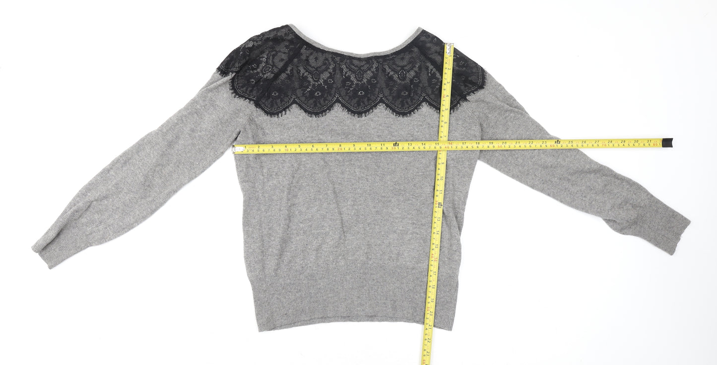 Oasis Womens Grey Lace Boat Neck Knit Blouse Size L