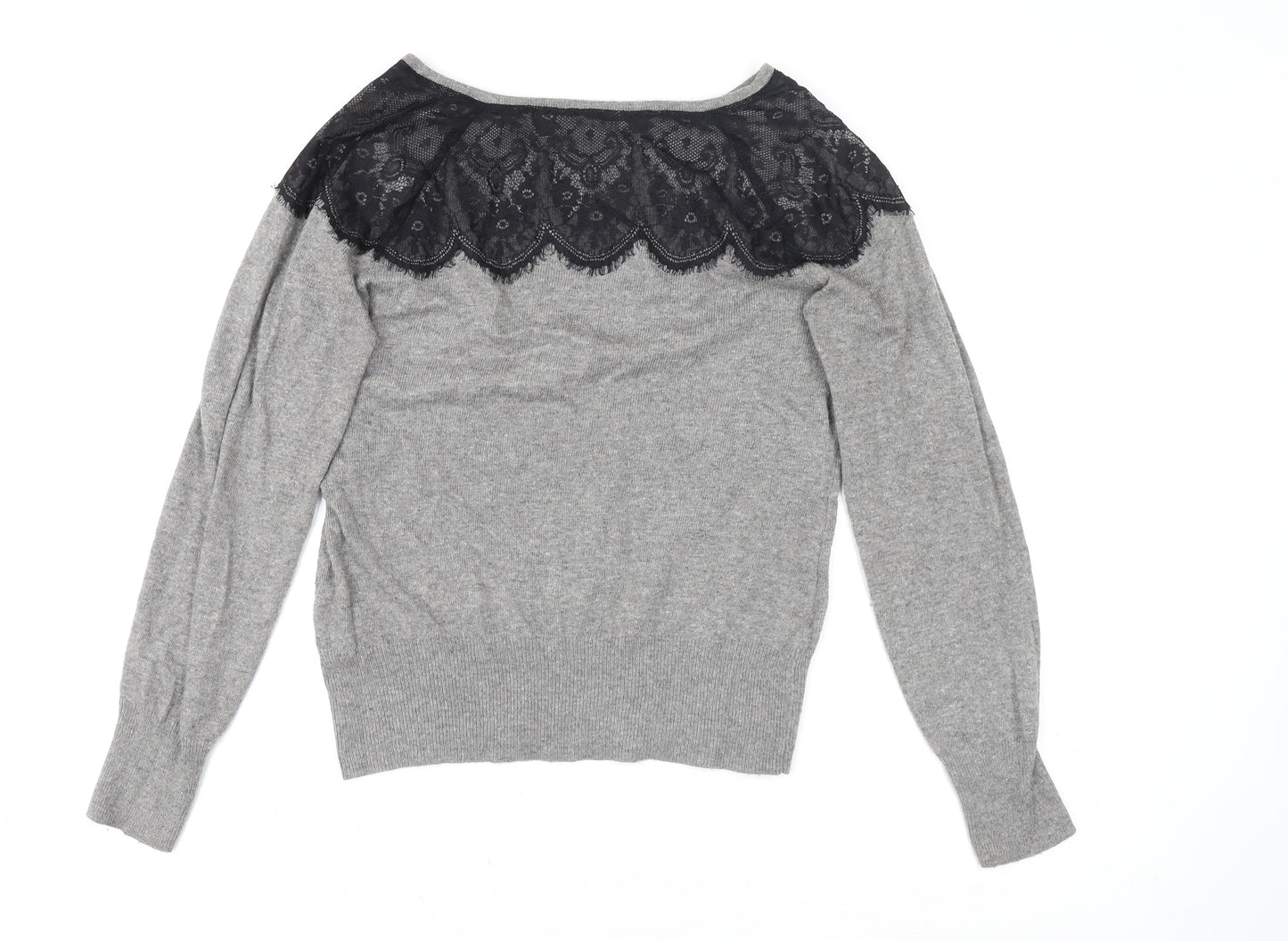 Oasis Womens Grey Lace Boat Neck Knit Blouse Size L