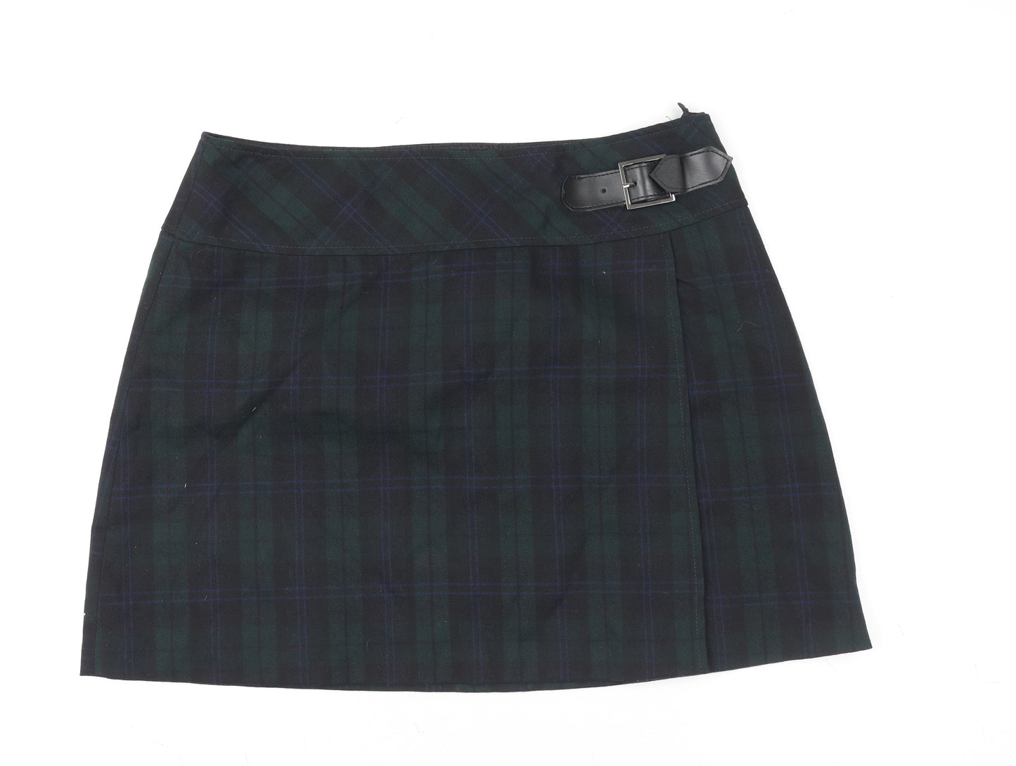 Dunnes Womens Green Tartan Buckle Short Skirt Size 12