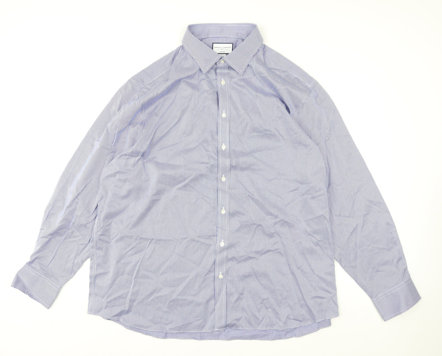 Charles Tyrwhitt Men's Blue Check Classic Fit Non-Iron Cotton Dress Shirt Size 19/48