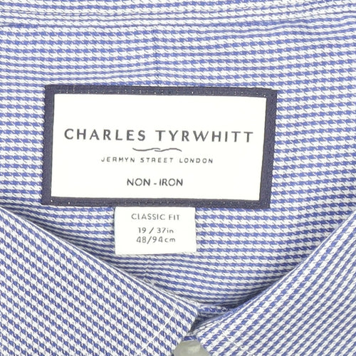 Charles Tyrwhitt Men's Blue Check Classic Fit Non-Iron Cotton Dress Shirt Size 19/48