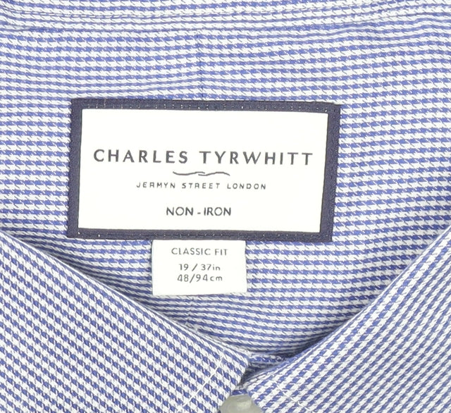 Charles Tyrwhitt Men's Blue Check Classic Fit Non-Iron Cotton Dress Shirt Size 19/48