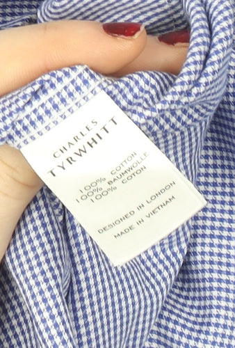 Charles Tyrwhitt Men's Blue Check Classic Fit Non-Iron Cotton Dress Shirt Size 19/48