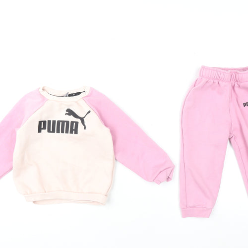 Puma Girls Pink Beige Sweatshirt Trousers Set 2-3 Years Fleece Outfit