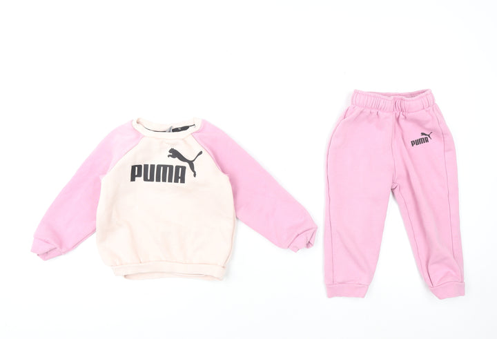 Puma Girls Pink Beige Sweatshirt Trousers Set 2-3 Years Fleece Outfit
