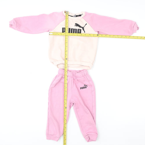 Puma Girls Pink Beige Sweatshirt Trousers Set 2-3 Years Fleece Outfit